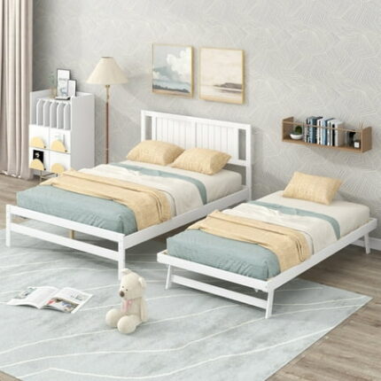 Full Size Platform Bed with Adjustable Trundle Wooden Full Bed Frame with Headboard Full Bedframe with Strong Wood Slat Support Bedroom Furniture Save Space No Box Spring Needed White