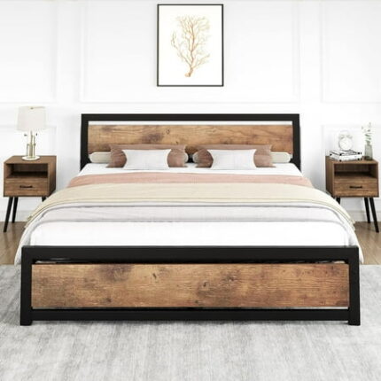 GAOMON Queen Size Bed Frame with Wood Headboard Industrial Queen Platform Bed with Heavy Duty Slat Support 14 inch Queen BedFrame Mattress Foundation No Box Spring Needed - Queen