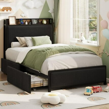 Garvee Twin Size Bed Frame with 2 Storage Drawers and Charging Station Rustic Velvet Upholstered Platform Bedframe with Storage Headboard No Box Spring Needed Easy Assembly Noise Free Black