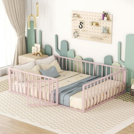 Holaki Queen Bed Frame Metal Floor Bed Frame with Fence & Door Montessori Bedframe Easy to Install Bedroom Furniture for Kids Toddlers Boys Girls 82.5 x62 x21.7 Pink