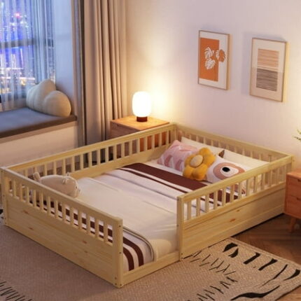 Kamsly Full Size Montessori Floor Bed Lower Wooden Full Bed Frame Solid Wood Playhouse Bedframe with Safety Fence for Kids Girls Boys Bedroom Playroom Easy Assembly Natural