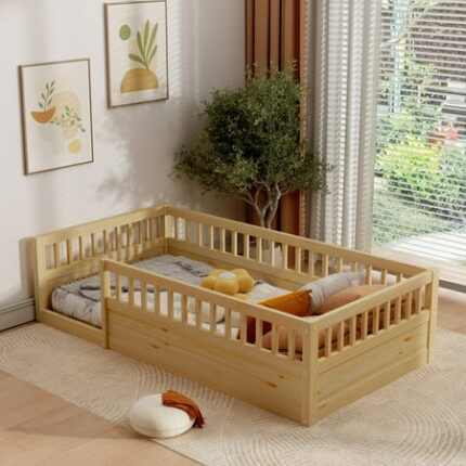 Kamsly Twin Size Montessori Floor Bed Lower Wooden Twin Bed Frame Solid Wood Playhouse Bedframe with Safety Fence for Kids Girls Boys Bedroom Playroom Easy Assembly Natural