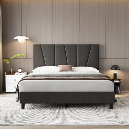 Kselythan Twin Size Bed Frame with Adjustable Headboard Linen Upholstered Platform Bedframe with Strong Wooden Slats Mattress Foundation No Box Spring Needed Easy Assembly