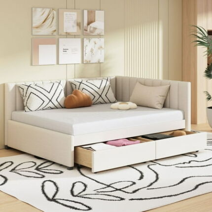 Linen Fabric Full Size Upholstered Bed Frame with 2 Storage Drawers Sofa Bed Platform Bed Frame Mid Century Bedframe Wood Daybed Wood Foundation(Beige Full)