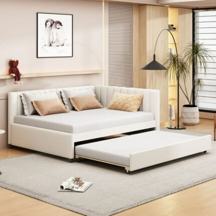 Linen Fabric Full Size Upholstered Bed Frame with Trundle Sofa Bed Platform Bed Frame Mid Century Bedframe Wood Daybed Wood Foundation(Beige Full)