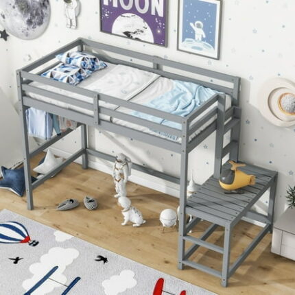 Llinc Store Twin Size High Loft Bedframe with Ladder Landing Platform Wooden Bed Frame with Guardrails Ladders And Slats Support No Box Spring Needed (Gray)