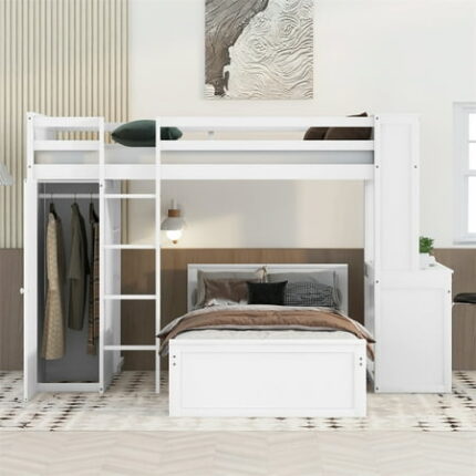 Loft Bed Twin Size Wood Loft Bed Frame with a Stand-Alone Bedframe Shelves Desk and Wardrobe for Kids Teens Girls and Boys Save Space Bunk Bed 2 Beds in 1 Multifunctional Bed Frame White