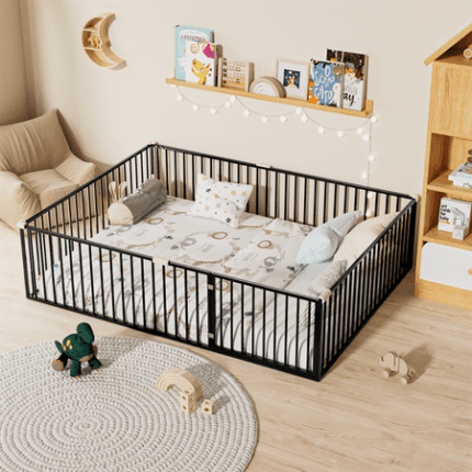 Multifunctional Queen Size Floor Bed Montessori Bedframe with Fence and Door Metal Floor Bed Frame Bedroom Furniture for Kids Toddlers Boys Girls No Box Spring Needed Black
