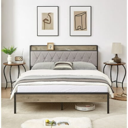 Queen Bed Frame with Charging Station - Stylish Bedframe for Queen Size Bed 87.8 L x 61.8 W x 39.2 H-Gray