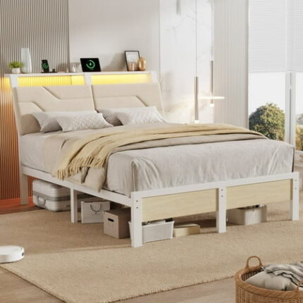 Queen Bed Frame with Charging Station & Storage Ergonomic Upholstered Queen Platform Bedframe with Headboard and LED Lights No Box Spring Needed LED Metal Platform Bed White