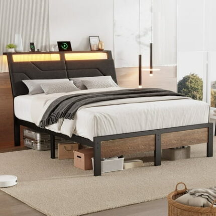Queen Bed Frame with Charging Station & Storage Ergonomic Upholstered Queen Platform Bedframe with Headboard and LED Lights No Box Spring Needed LED Metal Platform Bed Black