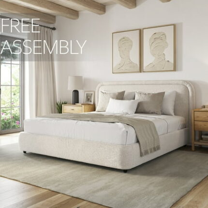 Queen Bed Frame with Headboard - Free Assembly Boucle Color Upholstered Queen Size Beds - Sturdy Wood Platform Bedframe Non-Slip and Noise-Free Modern Style Soft Rounded Corners