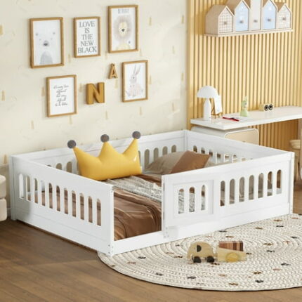 Queen Size Bed Frame Full Size Floor Bed with Slats Solid Wood Bedframe with Heightened Safety Guardrails and Door for Girls Boys Teens Child Bedroom Kids Playroom White King Size Bed Frame