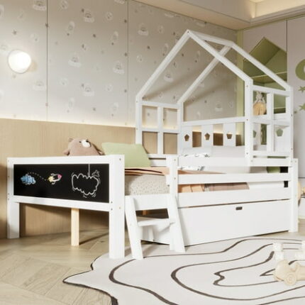 Queen Size Bed Frame Full Size House Bed with Ladder and Storage Drawers for Kid Bedroom Solid Wood Platfrom Bedframe with 2 Blackboard Design No Box Spring Needed White King Size Bed Frame