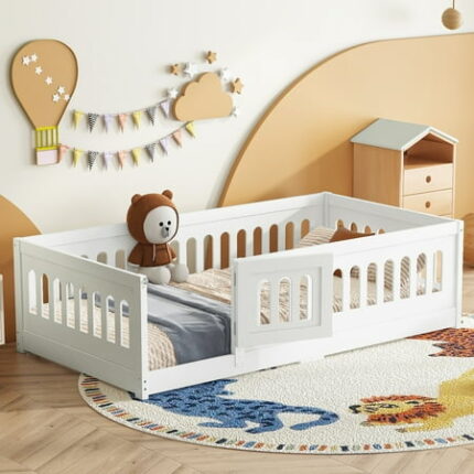 Queen Size Bed Frame Twin Size Floor Bed with Heightened Safety Guardrails and Door Solid Wood Bedframe with Rails for Girls Boys Teens Child Bedroom Kids Playroom No Slats Included White King