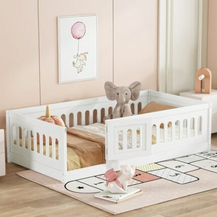 Queen Size Bed Frame Twin Size Floor Bed with Slats Solid Wood Bedframe with Heightened Safety Guardrails and Door for Girls Boys Teens Child Bedroom Kids Playroom White King Size Bed Frame