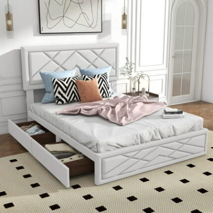 Queen Size Bed Frame with Headboard Upholstered Platform Bedframe with 2 Storage Drawers Bed Frame with Wooden Slats Support No Box Spring Needed