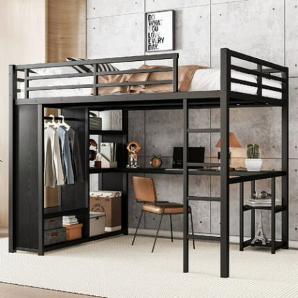 Queen Size Loft Bed Frame with Built-in Wardrobe Metal Loft Beds Frame with Desk and Storage Shelves Heavy Duty Bedframe with Safety Guard&Stair Easy Assembly Mattress Not Included Black