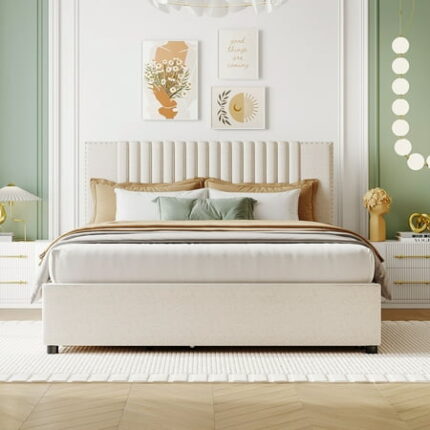 Queen Size Platform Bed with 2 Drawers and 1 Twin XL Trundle Linen Fabric Upholstered Bed Frame with Classic Headboard Design Heavy-Duty Wooden Platform Bedframe No Box Spring Needed Beige