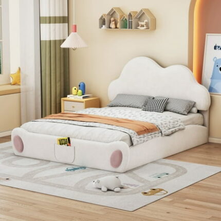 Queen size Upholstered Platform Bed Velvet Bed Frame with Cloud-Shape Headboard Rounded Footboard and Pocket Modern Platform Bedframe w/Wooden Slats Support for Bedroom Apartment Beige