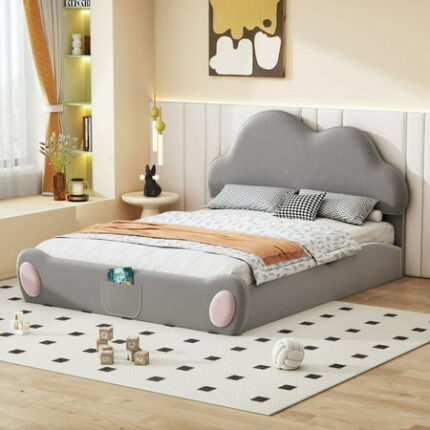 Queen size Upholstered Platform Bed Velvet Bed Frame with Cloud-Shape Headboard Rounded Footboard and Pocket Modern Platform Bedframe w/Wooden Slats Support for Bedroom Apartment Gray