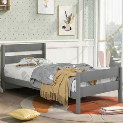 SYNGAR Twin Bed Frames Wood Twin Bed Frame with Headboard and Footboard Kids Bed Frame Twin Wooden Bedframes Platform with Storage for Girls Boy No Box Spring Needed Gray