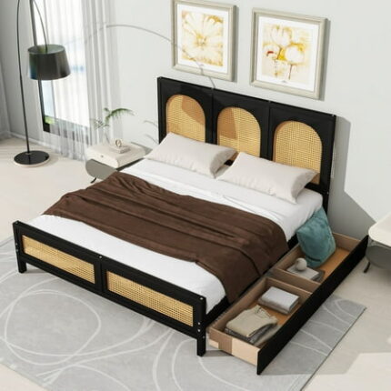 Solid Wood Rattan Bed Frame with 2 Drawers Rattan Headboard and Footboard Platform Bed Frame Mid Century Bedframe Wood Foundation(Black Queen)