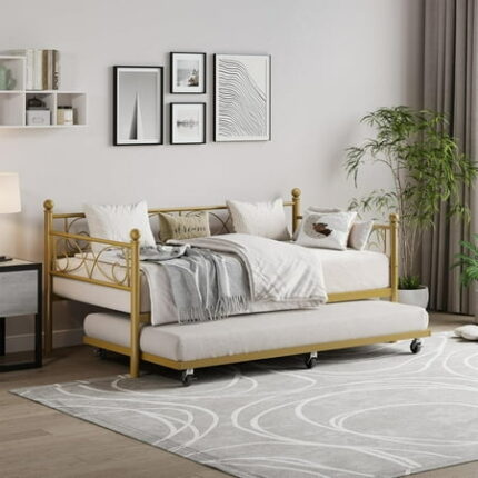 Studyset Twin Daybed with Trundle Bed Heavy Duty Metal Twin Bed Frame with Pull Out Trundle Modern Bedframe with Headboard Sturdy Steel Slats Support No Box Spring Needed