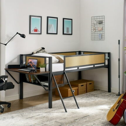 Twin Loft Bed Metal Loft Bed Frame with Rectangular Desk Led Lights and Storage Shelves Bedframe with Hanging Storage Compartments Safety Guard and Ladder Black+Brown