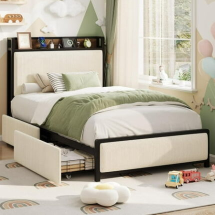 Twin Size Bed Frame with 2 Storage Drawers Velvet Upholstered Platform Bedframe with Charging Station No Box Spring Needed Easy Assembly Noise Free