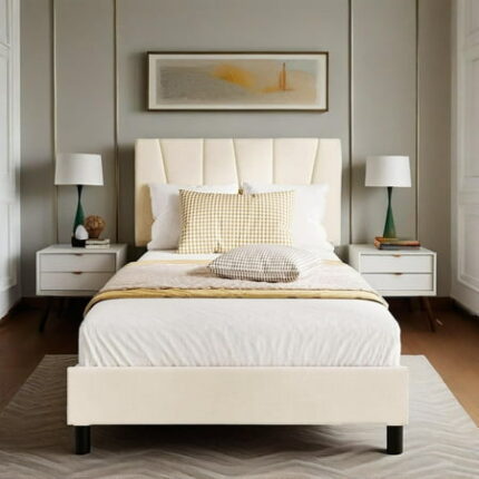 Twin Size Bed Frame with Adjustable Headboard Linen Upholstered Platform Bedframe with Strong Wooden Slats No Box Spring Needed Easy Assembly Beige