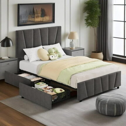 Twin Size Bed Frame with Adjustable Linen Headboard & 2 Storage Drawers Upholstered Platform BedFrame with Wooden Slats Support No Box Spring Needed Dark Grey