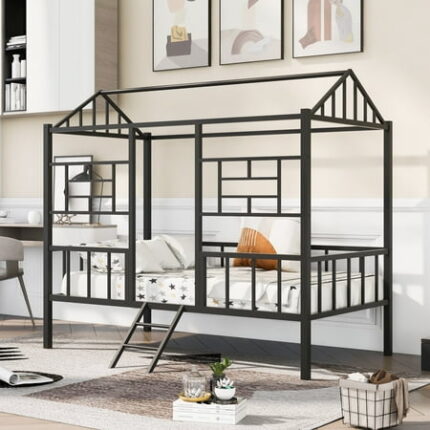 Twin Size House Bedframe Metal House Bed Frame with Safety Guardrail and Small Ladder House Bed with Metal Slatted Support for Kids Toddlers and Teens No Box Spring Needed Black