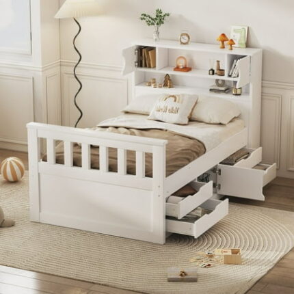 Twin Size Solid Captain Wood Bed Frame with Storage Bookcases and Shelves Four Drawers Platform Bed Frame Mid Century Bedframe Wood Foundation(White Twin)
