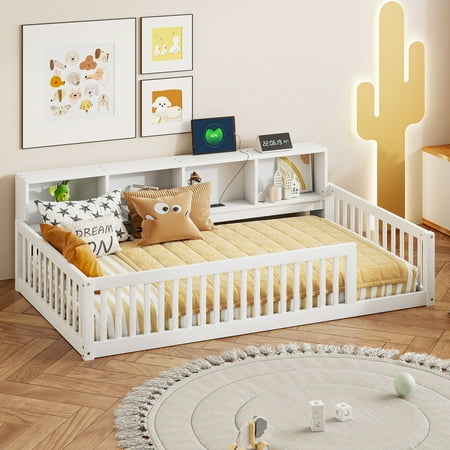 Twin XL Size Floor Bed Montessori Floor Bed Frame with Slats Storage Cabinets and USB Ports Solid Wood Floor Bedframe for Kids Girls and Boys White