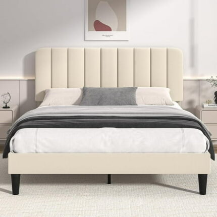 VECELO Full Size Upholstered Bed Frame with Adjustable Headboard Velvet Platform Bedframe Mattress Foundation Strong Wood Slat Support No Box Spring Needed Beige