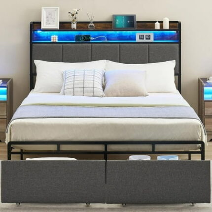WALYWIK Queen Bed Frame with Storage Headboard Led Lights Charging Station Upholstered Queen Platform Bed Frames with 2 Drawers No Box Spring Needed BedFrame with 2-Tier Shelf Rustic