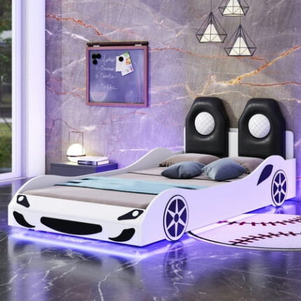 Wood Twin Size Race Car-Shaped Platform Bed Bed Frame with with LED and Upholstered Backrest PU Car-Shaped Platform Bedframe with Wheels and Guardrails Wood Slat Support No Box Spring Needed White