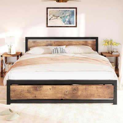 Bed Frame Platform, Industrial Bedframe With Wooden Headboard And Footboard No Box Spring Needed, 14 Inch Easy Assemble Noise Free Mattress Frame