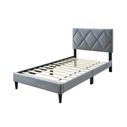 Bed Frame Twin Size Bed w Adjustable Headboard 1pc Bedframe Grey Velvet Upholstered Youth Bedroom Furniture