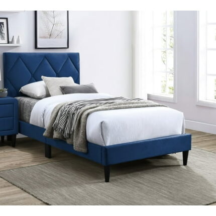 Bed Frame Twin Size Bed w Adjustable Headboard 1pc Bedframe Navy Blue Velvet Upholstered Youth Bedroom Furniture