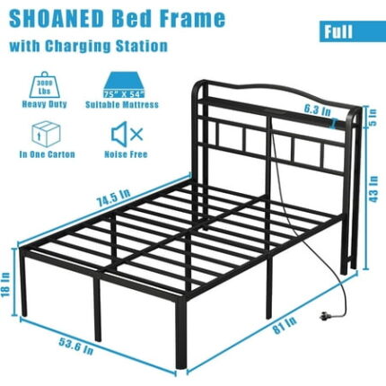 Bed Frame with Charging Station - 18 Inch Full Size Metal Heavy Duty Bedframe with Headboard Steel Slats Platform Basic Mattress Foundation No Box Spring Needed Easy Assembly