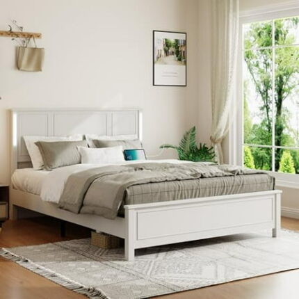 Boho White Wooden Bed Frame Queen Size with Headboard Platform Bedframe with Charging Station & Led Lights Wood Slat Support Easy Assembly (Antique White Queen)