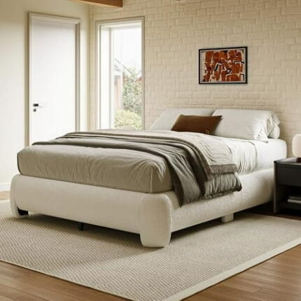 Cloud Platform Bed Frame Queen Size Soft Boucle Bed Frame with Round Corner Upholstered Queen Bedframe with Heavy Duty Wood Slat No Box Spring Needed Easy Assembly White