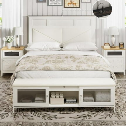 DXYKOPA Farmhouse Full Bed Frame with Storage Full Size Bed Frame with 51 Tall Headboard & Charging Station Wood Platform Bedframe with Led Lights & Storage Bench Box Spri