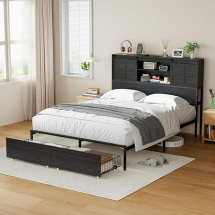 Farmhouse Full Size Bed Frame with Move Storage Headboard & 2 Drawers Platform Bedframe with 3-in-1 Charging Station Upholstered Bed Frames with Metal Slats Support (Full Black)