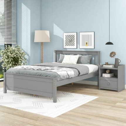 Full Bed Frame with A Nightstand Full Size Bed Frame with Headboard and Footboard Modern Solid Wood Platform Bedframe Bedroom Furniture Sets for Boys Girls No Box Spring Needed Easy Assembly Gray