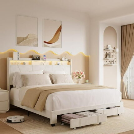 Full Bed Frame with Storage Upholstered Bedframe with LED Lights Headboard and 2 Drawers Full Size Bed Frame with Charging Station Noise-Free Easy Assembly No Box Spring Needed Beige