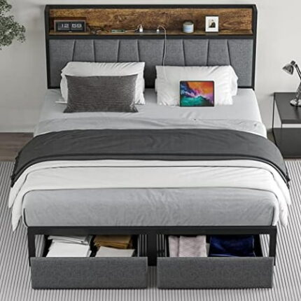 Full Size Bed Frame with Headboard and Storage Drawers Platform Bed Frame with Storage Chargin Station LED Light Bedframe Heavy Duty No Box Spring Needed