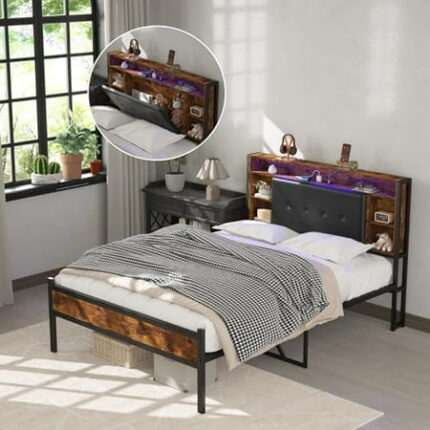Full Size Bed Frame with LED Lights and Charging Station Industrial Double Bed Frame with Hidden Storage Headboard Upholstered Platform Bedframe Metal Support No Box Spring Needed Vintage Brown